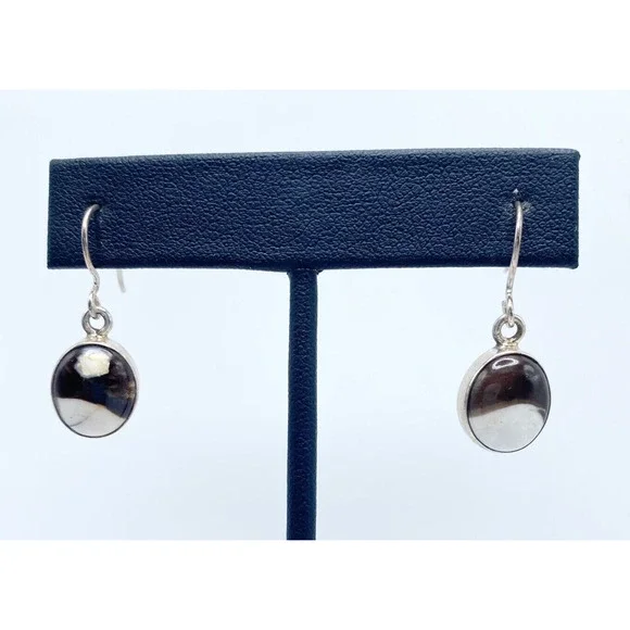 Sterling Silver Jasper Earrings Black White Dangle 1" - Picture 1 of 8